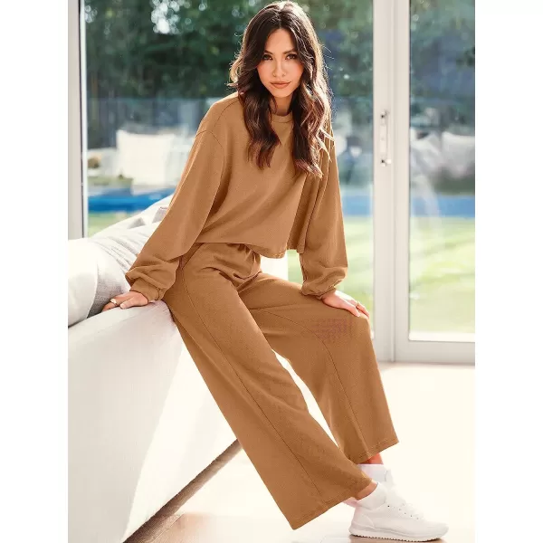 imageANRABESS Womens Two Piece Outfits Long Sleeve Crop Top Wide Leg Pants Knit Sweatsuit Loungewear Sweatsuit SetKhaki