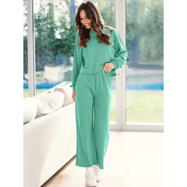 imageANRABESS Womens Two Piece Outfits Long Sleeve Crop Top Wide Leg Pants Knit Sweatsuit Loungewear Sweatsuit SetLake
