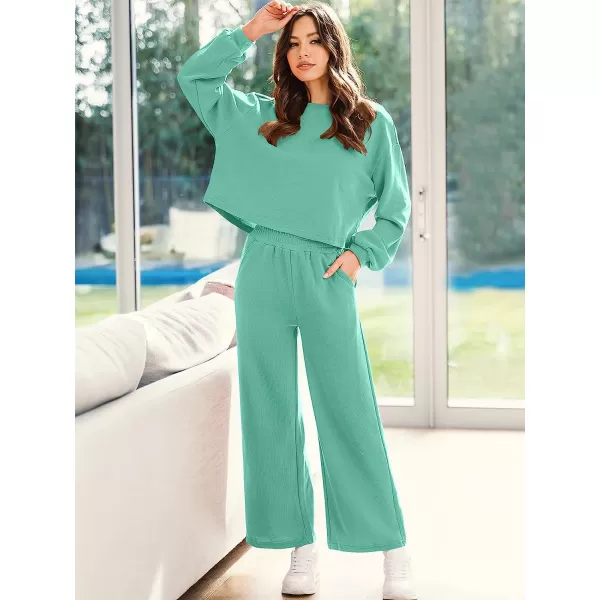 imageANRABESS Womens Two Piece Outfits Long Sleeve Crop Top Wide Leg Pants Knit Sweatsuit Loungewear Sweatsuit SetLake