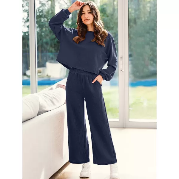 imageANRABESS Womens Two Piece Outfits Long Sleeve Crop Top Wide Leg Pants Knit Sweatsuit Loungewear Sweatsuit SetNavy Blue