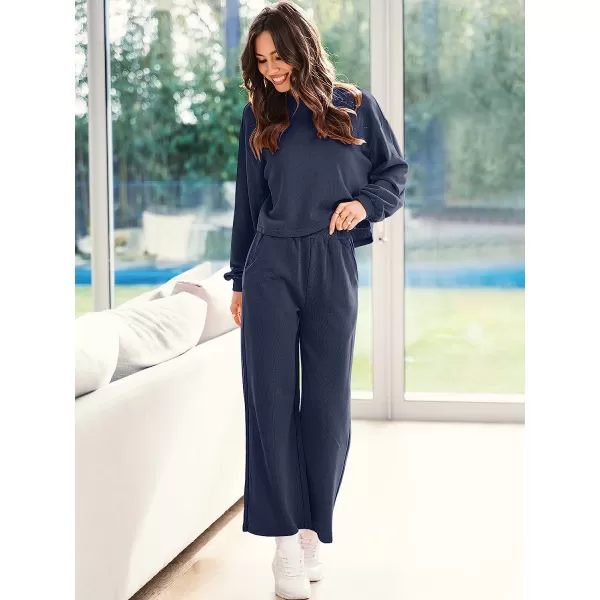 imageANRABESS Womens Two Piece Outfits Long Sleeve Crop Top Wide Leg Pants Knit Sweatsuit Loungewear Sweatsuit SetNavy Blue