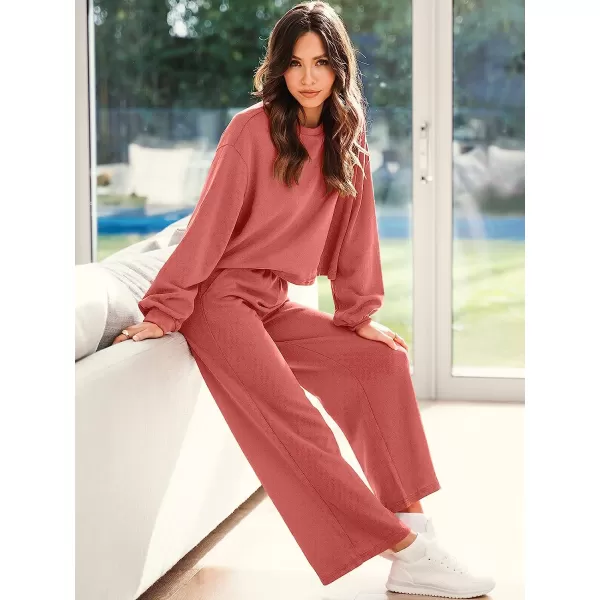 imageANRABESS Womens Two Piece Outfits Long Sleeve Crop Top Wide Leg Pants Knit Sweatsuit Loungewear Sweatsuit SetRust