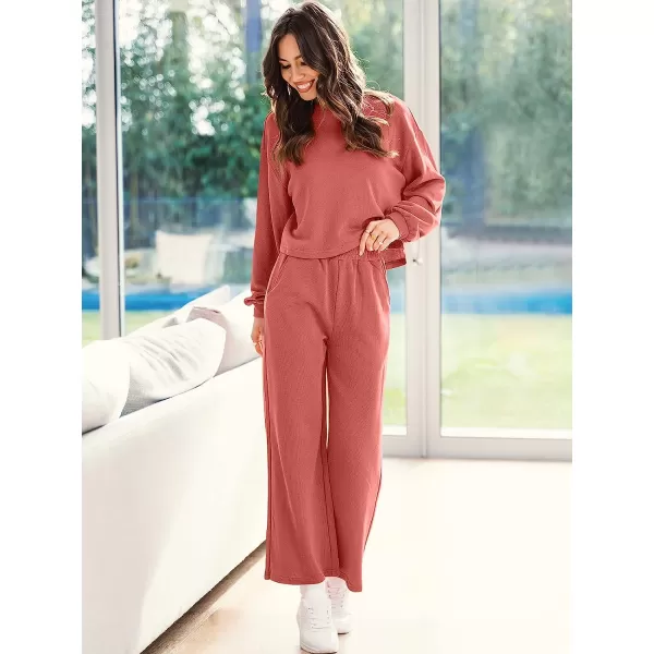 imageANRABESS Womens Two Piece Outfits Long Sleeve Crop Top Wide Leg Pants Knit Sweatsuit Loungewear Sweatsuit SetRust
