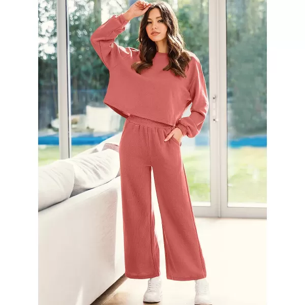 imageANRABESS Womens Two Piece Outfits Long Sleeve Crop Top Wide Leg Pants Knit Sweatsuit Loungewear Sweatsuit SetRust