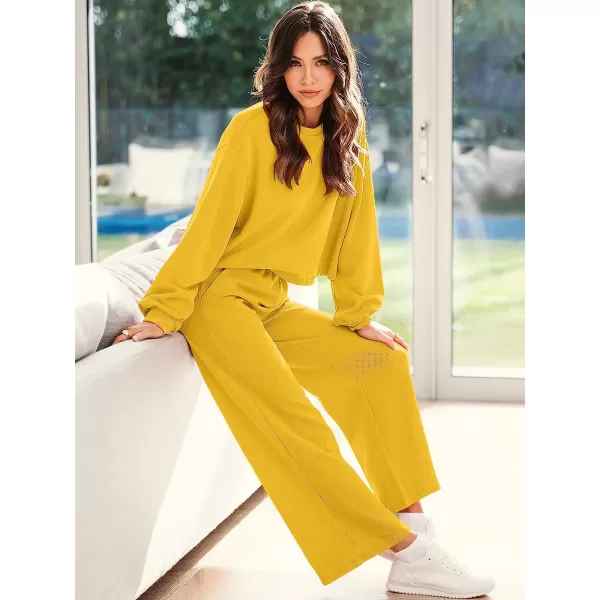 imageANRABESS Womens Two Piece Outfits Long Sleeve Crop Top Wide Leg Pants Knit Sweatsuit Loungewear Sweatsuit SetYellow