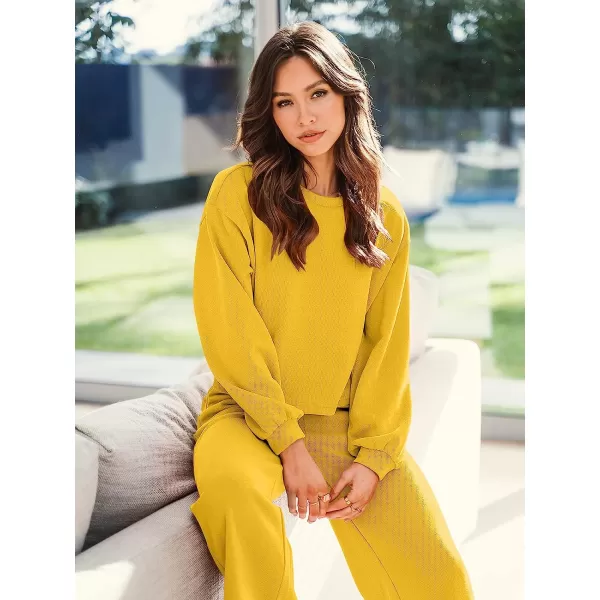 imageANRABESS Womens Two Piece Outfits Long Sleeve Crop Top Wide Leg Pants Knit Sweatsuit Loungewear Sweatsuit SetYellow