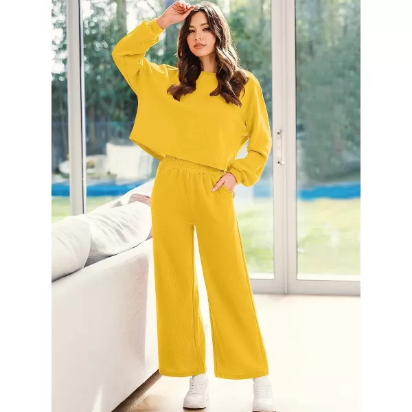 imageANRABESS Womens Two Piece Outfits Long Sleeve Crop Top Wide Leg Pants Knit Sweatsuit Loungewear Sweatsuit SetYellow