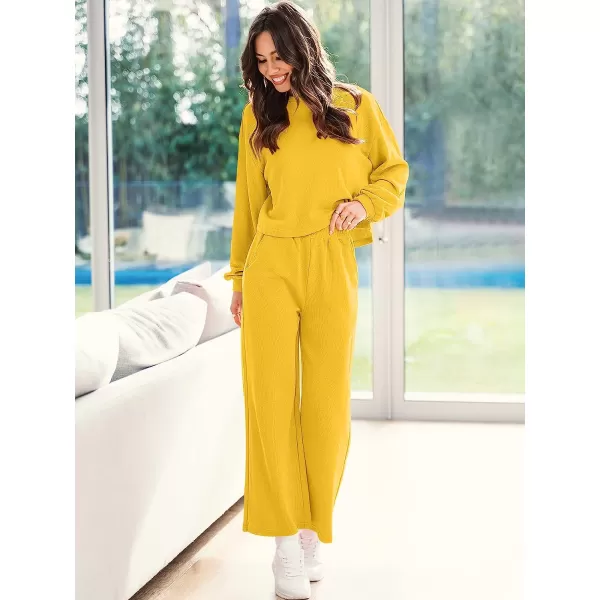 imageANRABESS Womens Two Piece Outfits Long Sleeve Crop Top Wide Leg Pants Knit Sweatsuit Loungewear Sweatsuit SetYellow
