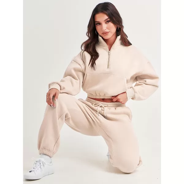 imageANRABESS Womens Two Piece Outfits Long Sleeve Half Zip Crop Sweatsuit with Jogger Pants Lounge Sets with PocketsApricot