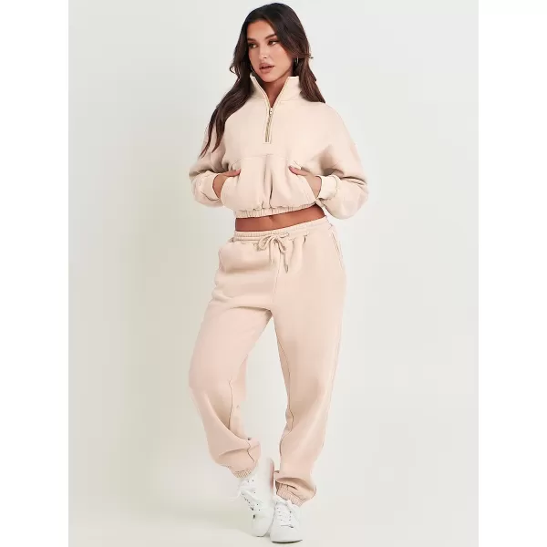 imageANRABESS Womens Two Piece Outfits Long Sleeve Half Zip Crop Sweatsuit with Jogger Pants Lounge Sets with PocketsApricot