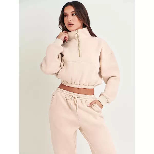 imageANRABESS Womens Two Piece Outfits Long Sleeve Half Zip Crop Sweatsuit with Jogger Pants Lounge Sets with PocketsApricot