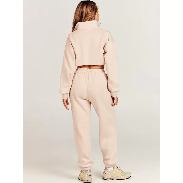 imageANRABESS Womens Two Piece Outfits Long Sleeve Half Zip Crop Sweatsuit with Jogger Pants Lounge Sets with PocketsApricot