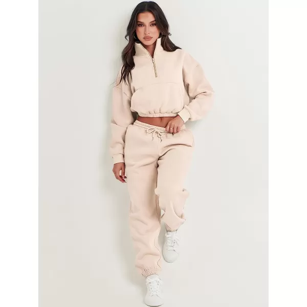 imageANRABESS Womens Two Piece Outfits Long Sleeve Half Zip Crop Sweatsuit with Jogger Pants Lounge Sets with PocketsApricot