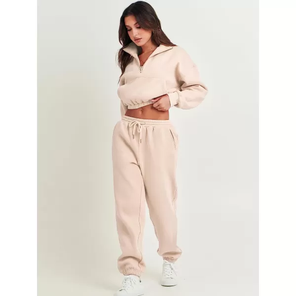 imageANRABESS Womens Two Piece Outfits Long Sleeve Half Zip Crop Sweatsuit with Jogger Pants Lounge Sets with PocketsApricot
