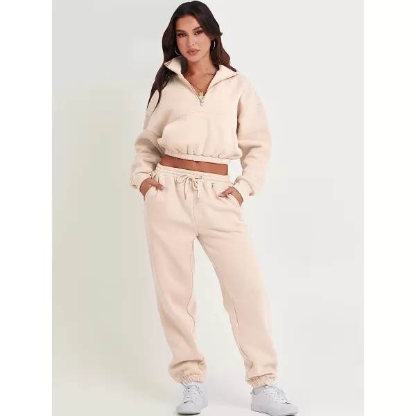 imageANRABESS Womens Two Piece Outfits Long Sleeve Half Zip Crop Sweatsuit with Jogger Pants Lounge Sets with PocketsApricot