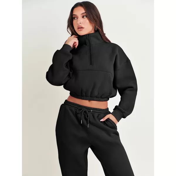 imageANRABESS Womens Two Piece Outfits Long Sleeve Half Zip Crop Sweatsuit with Jogger Pants Lounge Sets with PocketsBlack