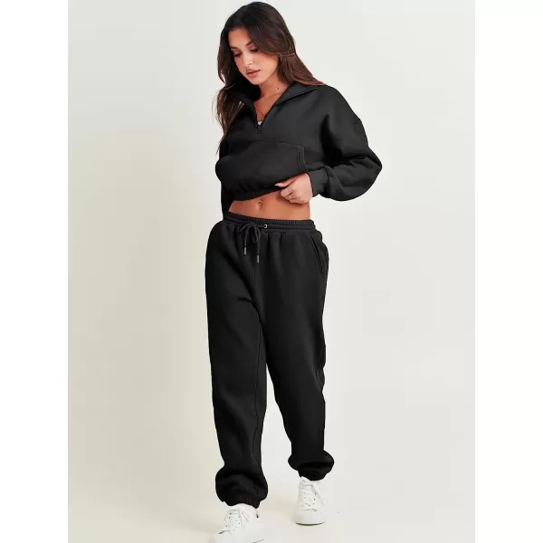 imageANRABESS Womens Two Piece Outfits Long Sleeve Half Zip Crop Sweatsuit with Jogger Pants Lounge Sets with PocketsBlack