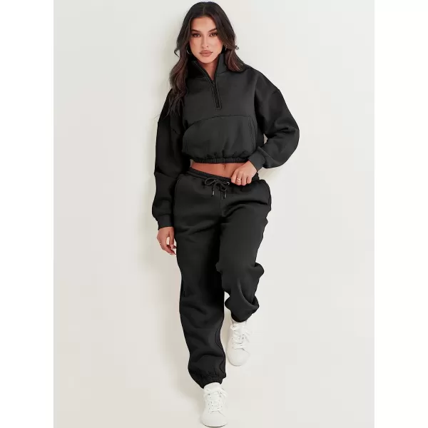 imageANRABESS Womens Two Piece Outfits Long Sleeve Half Zip Crop Sweatsuit with Jogger Pants Lounge Sets with PocketsBlack