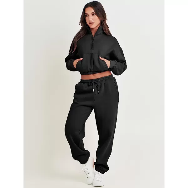 imageANRABESS Womens Two Piece Outfits Long Sleeve Half Zip Crop Sweatsuit with Jogger Pants Lounge Sets with PocketsBlack