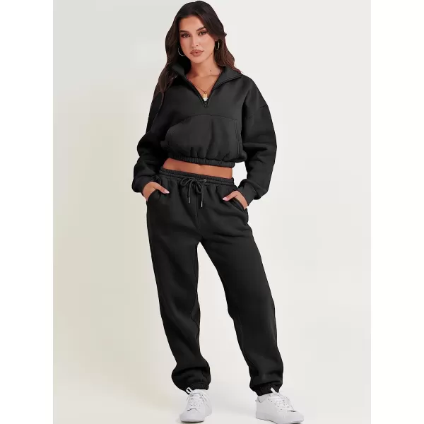 imageANRABESS Womens Two Piece Outfits Long Sleeve Half Zip Crop Sweatsuit with Jogger Pants Lounge Sets with PocketsBlack