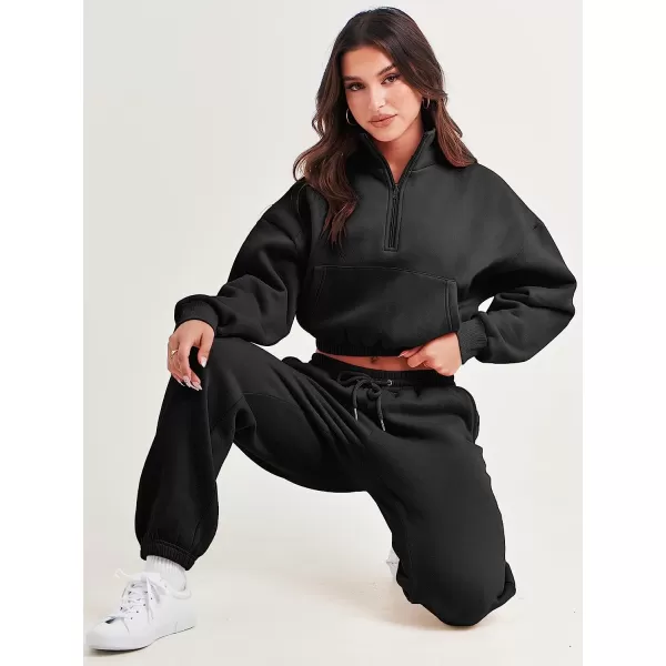 imageANRABESS Womens Two Piece Outfits Long Sleeve Half Zip Crop Sweatsuit with Jogger Pants Lounge Sets with PocketsBlack