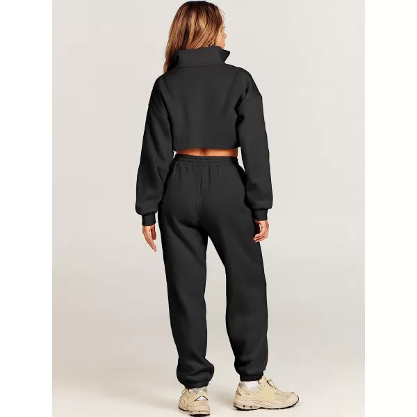 imageANRABESS Womens Two Piece Outfits Long Sleeve Half Zip Crop Sweatsuit with Jogger Pants Lounge Sets with PocketsBlack
