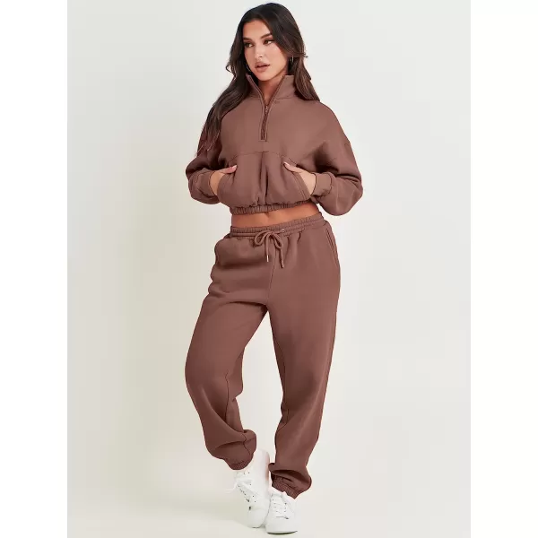 imageANRABESS Womens Two Piece Outfits Long Sleeve Half Zip Crop Sweatsuit with Jogger Pants Lounge Sets with PocketsBrown