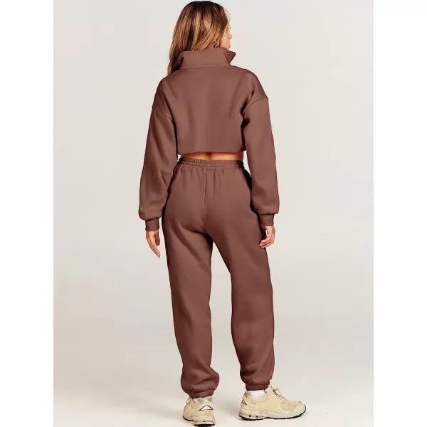 imageANRABESS Womens Two Piece Outfits Long Sleeve Half Zip Crop Sweatsuit with Jogger Pants Lounge Sets with PocketsBrown