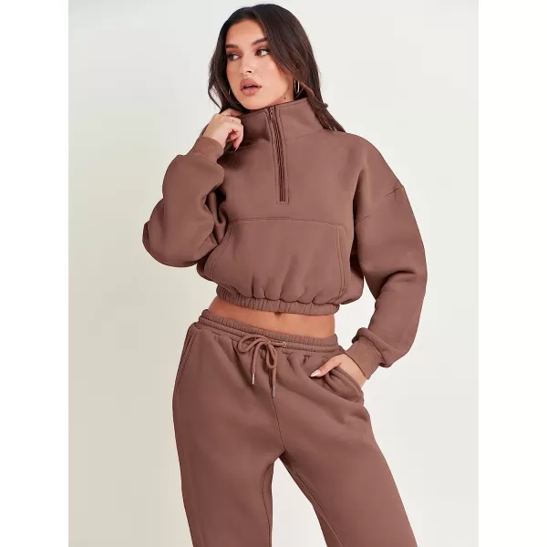 imageANRABESS Womens Two Piece Outfits Long Sleeve Half Zip Crop Sweatsuit with Jogger Pants Lounge Sets with PocketsBrown