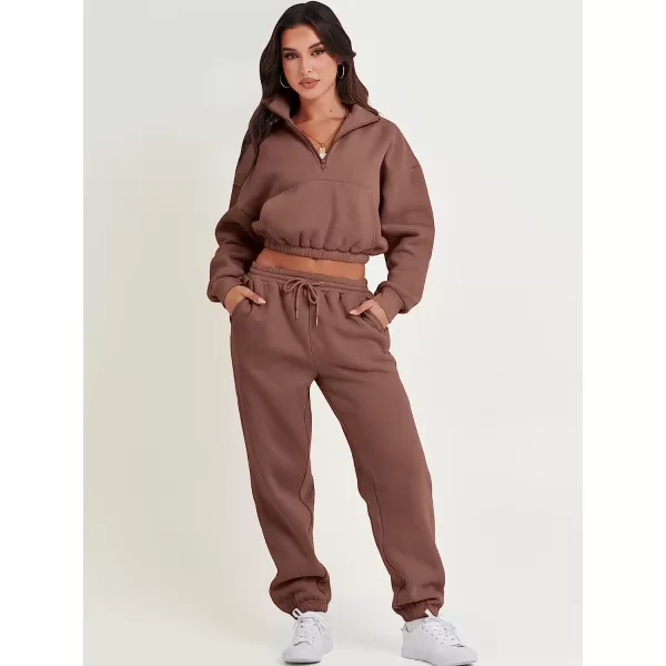 imageANRABESS Womens Two Piece Outfits Long Sleeve Half Zip Crop Sweatsuit with Jogger Pants Lounge Sets with PocketsBrown