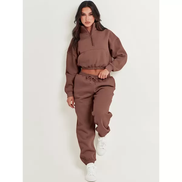 imageANRABESS Womens Two Piece Outfits Long Sleeve Half Zip Crop Sweatsuit with Jogger Pants Lounge Sets with PocketsBrown