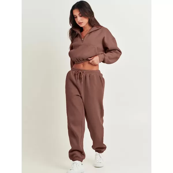 imageANRABESS Womens Two Piece Outfits Long Sleeve Half Zip Crop Sweatsuit with Jogger Pants Lounge Sets with PocketsBrown