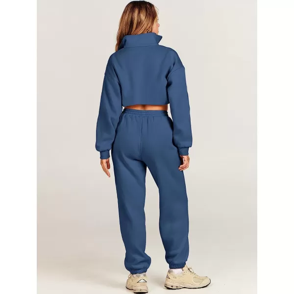 imageANRABESS Womens Two Piece Outfits Long Sleeve Half Zip Crop Sweatsuit with Jogger Pants Lounge Sets with PocketsBule