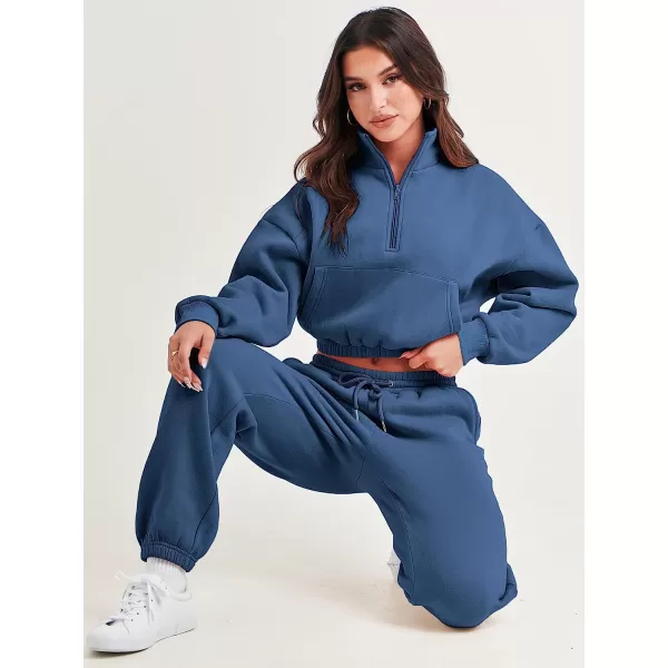 imageANRABESS Womens Two Piece Outfits Long Sleeve Half Zip Crop Sweatsuit with Jogger Pants Lounge Sets with PocketsBule
