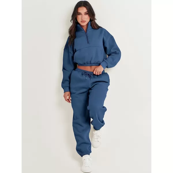 imageANRABESS Womens Two Piece Outfits Long Sleeve Half Zip Crop Sweatsuit with Jogger Pants Lounge Sets with PocketsBule