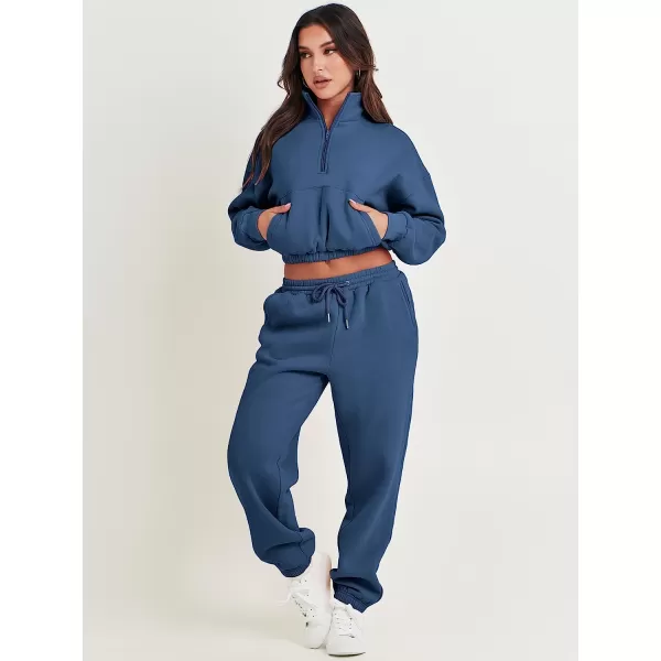 imageANRABESS Womens Two Piece Outfits Long Sleeve Half Zip Crop Sweatsuit with Jogger Pants Lounge Sets with PocketsBule