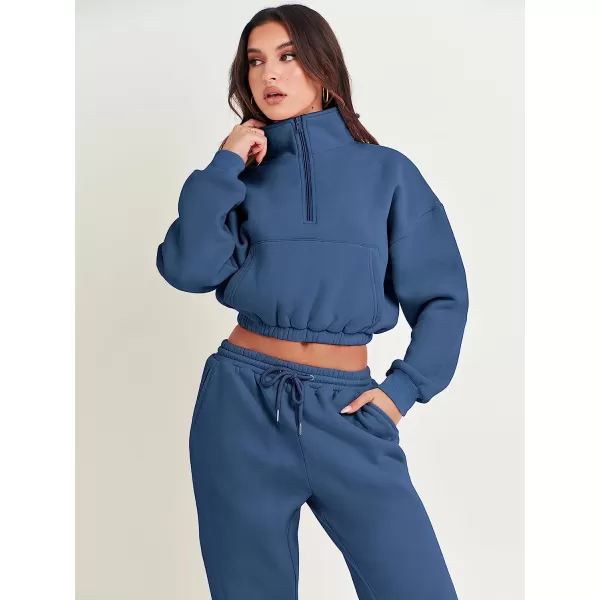 imageANRABESS Womens Two Piece Outfits Long Sleeve Half Zip Crop Sweatsuit with Jogger Pants Lounge Sets with PocketsBule