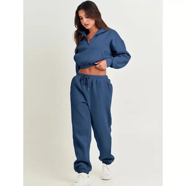 imageANRABESS Womens Two Piece Outfits Long Sleeve Half Zip Crop Sweatsuit with Jogger Pants Lounge Sets with PocketsBule