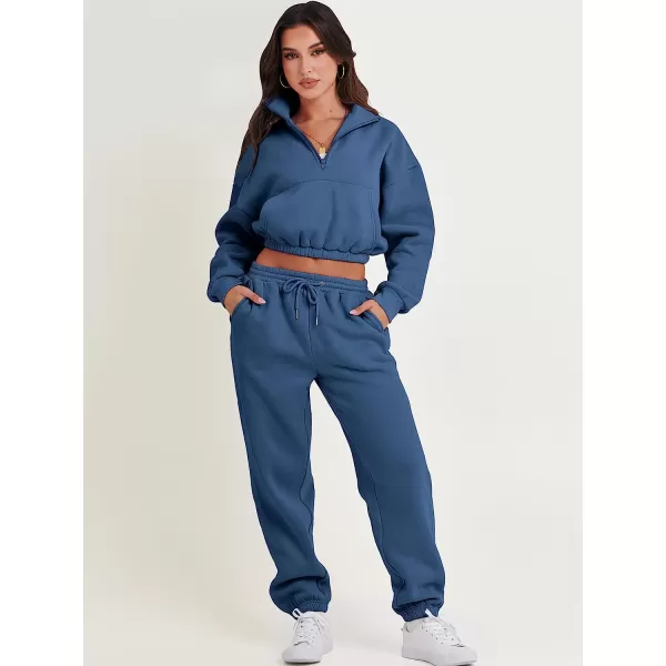 imageANRABESS Womens Two Piece Outfits Long Sleeve Half Zip Crop Sweatsuit with Jogger Pants Lounge Sets with PocketsBule