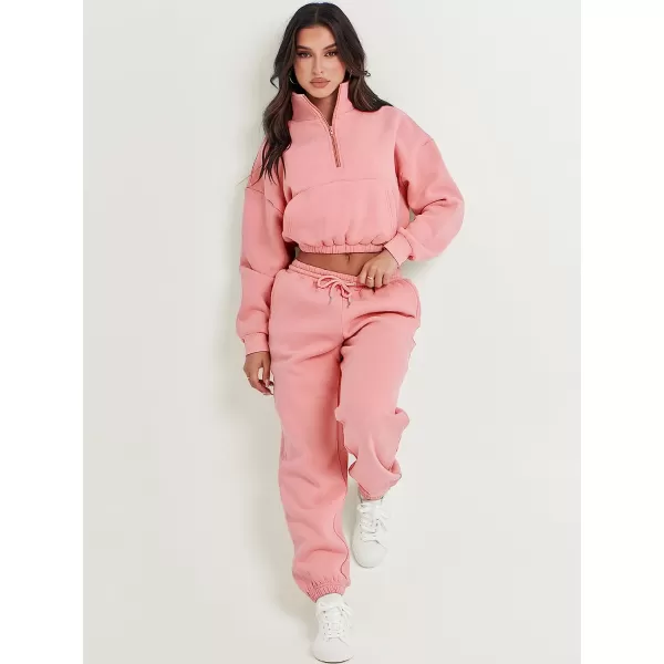 imageANRABESS Womens Two Piece Outfits Long Sleeve Half Zip Crop Sweatsuit with Jogger Pants Lounge Sets with PocketsDark Pink