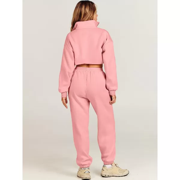 imageANRABESS Womens Two Piece Outfits Long Sleeve Half Zip Crop Sweatsuit with Jogger Pants Lounge Sets with PocketsDark Pink