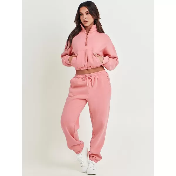imageANRABESS Womens Two Piece Outfits Long Sleeve Half Zip Crop Sweatsuit with Jogger Pants Lounge Sets with PocketsDark Pink