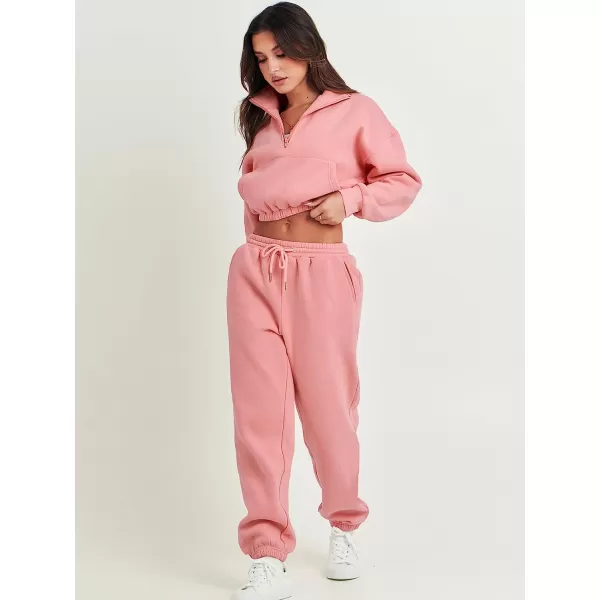 imageANRABESS Womens Two Piece Outfits Long Sleeve Half Zip Crop Sweatsuit with Jogger Pants Lounge Sets with PocketsDark Pink