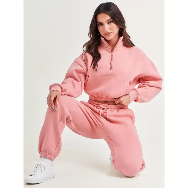 imageANRABESS Womens Two Piece Outfits Long Sleeve Half Zip Crop Sweatsuit with Jogger Pants Lounge Sets with PocketsDark Pink