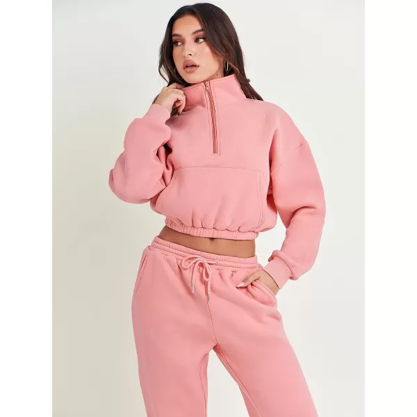 imageANRABESS Womens Two Piece Outfits Long Sleeve Half Zip Crop Sweatsuit with Jogger Pants Lounge Sets with PocketsDark Pink