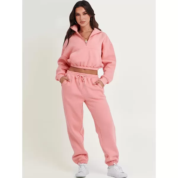 imageANRABESS Womens Two Piece Outfits Long Sleeve Half Zip Crop Sweatsuit with Jogger Pants Lounge Sets with PocketsDark Pink
