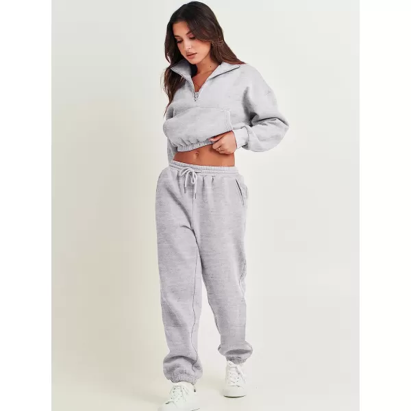 imageANRABESS Womens Two Piece Outfits Long Sleeve Half Zip Crop Sweatsuit with Jogger Pants Lounge Sets with PocketsGery