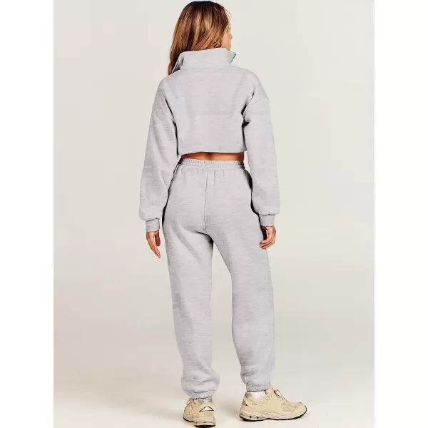 imageANRABESS Womens Two Piece Outfits Long Sleeve Half Zip Crop Sweatsuit with Jogger Pants Lounge Sets with PocketsGery