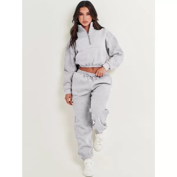 imageANRABESS Womens Two Piece Outfits Long Sleeve Half Zip Crop Sweatsuit with Jogger Pants Lounge Sets with PocketsGery