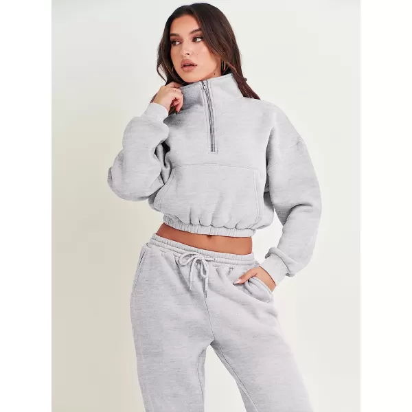 imageANRABESS Womens Two Piece Outfits Long Sleeve Half Zip Crop Sweatsuit with Jogger Pants Lounge Sets with PocketsGery